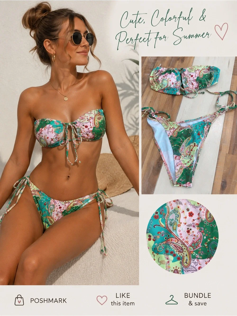 Green Paisley Tie-Side Bandeau Bikini Set - Women Swim